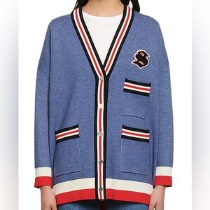 Sandro Blue Cardigan with Red and White Accents